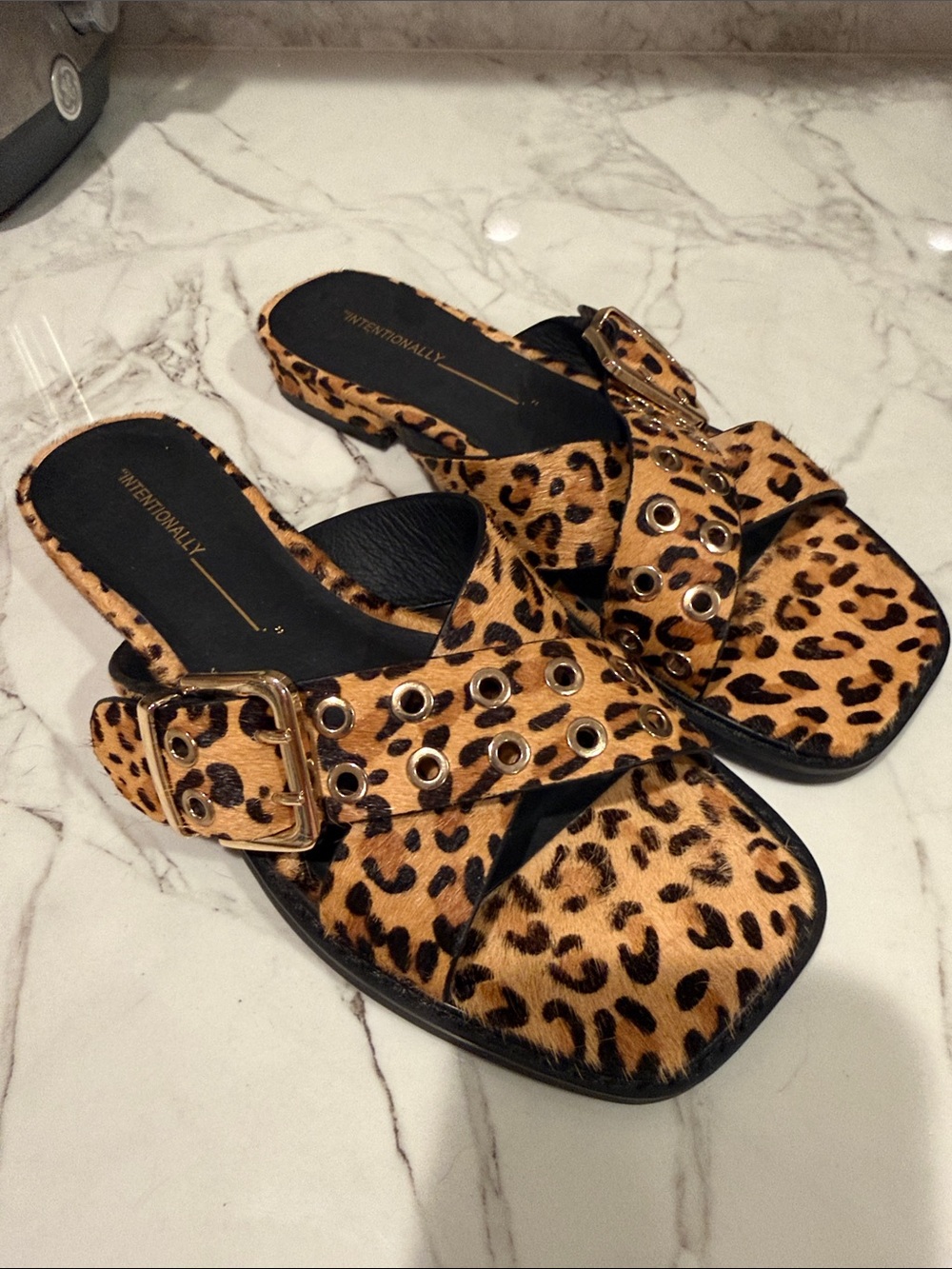 INTENTIONALLY BLANK Leopard Print Slide Mules with Gold Buckle